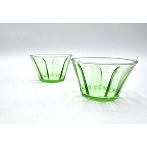 Vintage Set Of ( 2 ) Uranium Vaseline Glass Green Ramekin Bowl‎ Ribbed